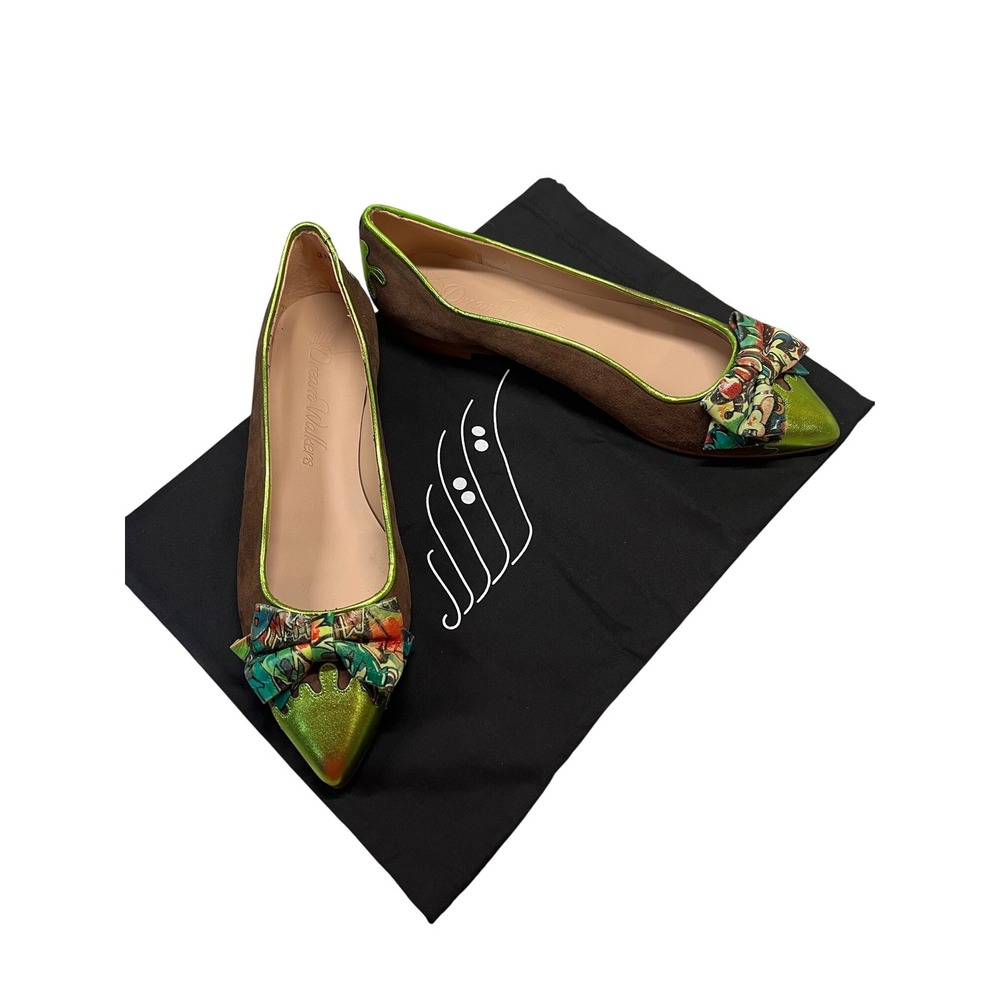 Dream Walkers Sandra Lima Suede‎ Pointed Toe Ballet  Metallic Green Bow 40/9.5